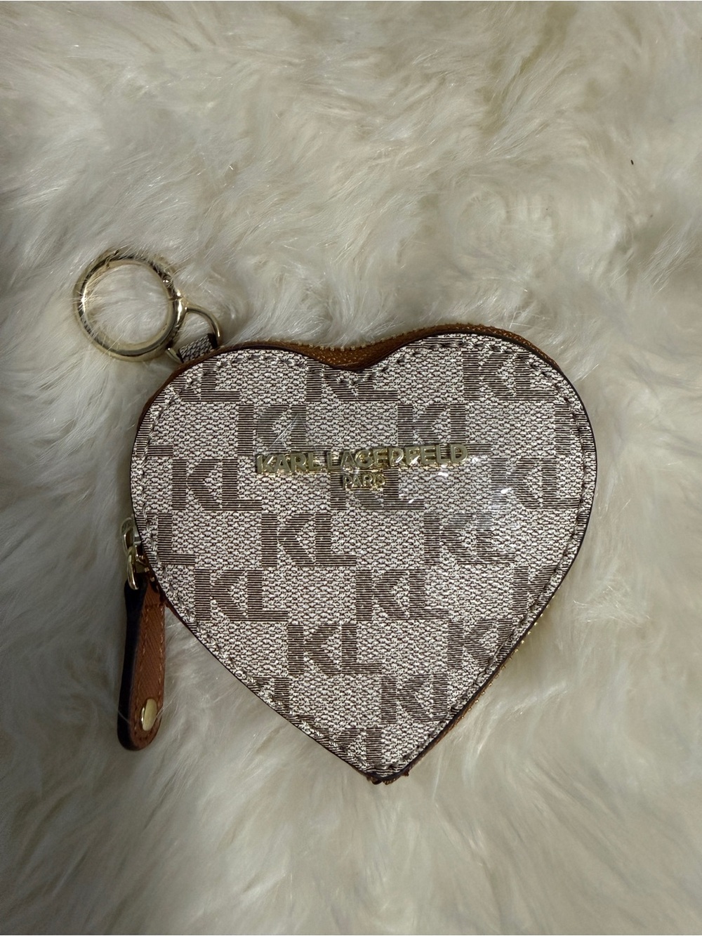 Karl Lagerfeld Beige & Brown Heart Monogram Key Coin Pouch